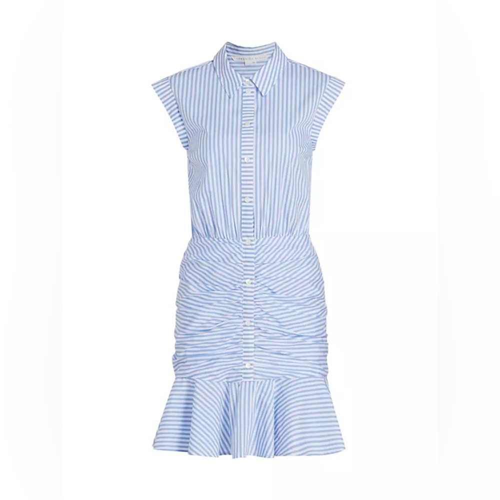 NWT Veronica Beard Bell Bottom Ruched Shirt Dress Bluebell Ecru pinstripe Sz 2